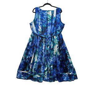 Luxe By Carmen Marc Valvo Pleated Sheer Dress 16W Blue & Green Floral